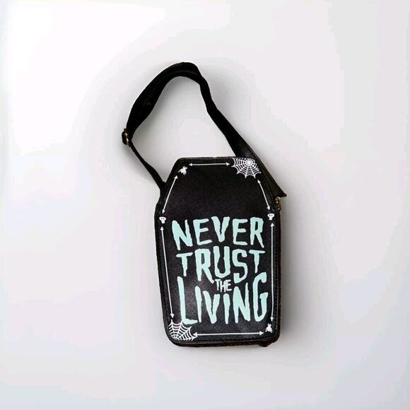 Never Trust The Living Coffin Purse Gothic Halloween Crossbody Handbag NEW - Picture 2 of 5